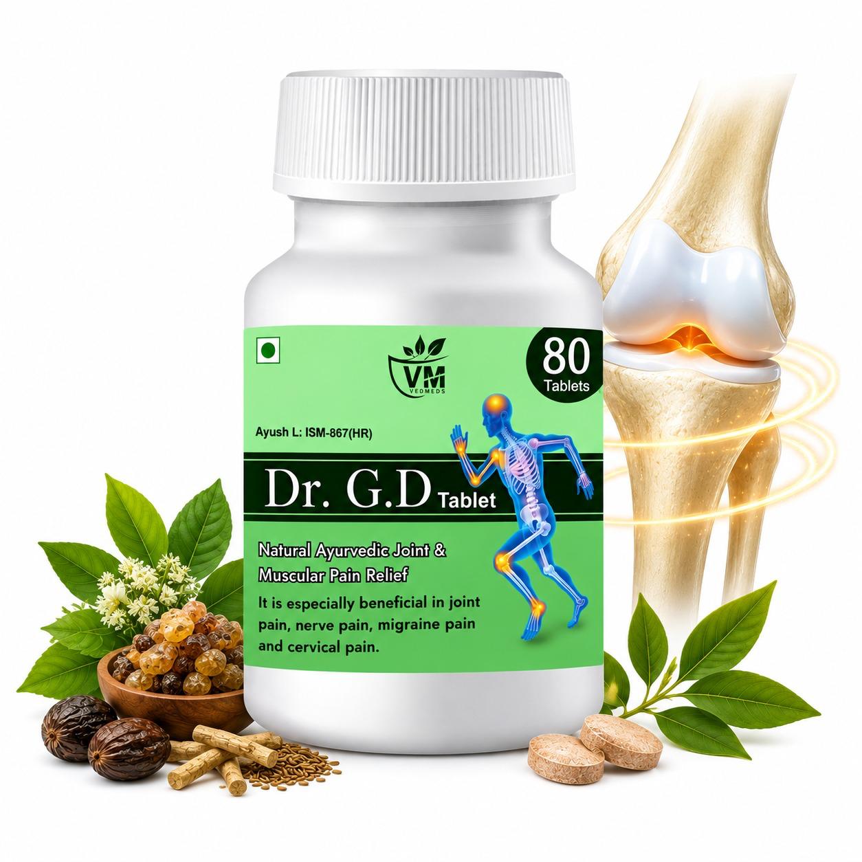 DR gd 80 tablet front Dr. G.D Tablet – Ayurvedic Joint Muscle & Mobility Support 80 Tablets - Image 1